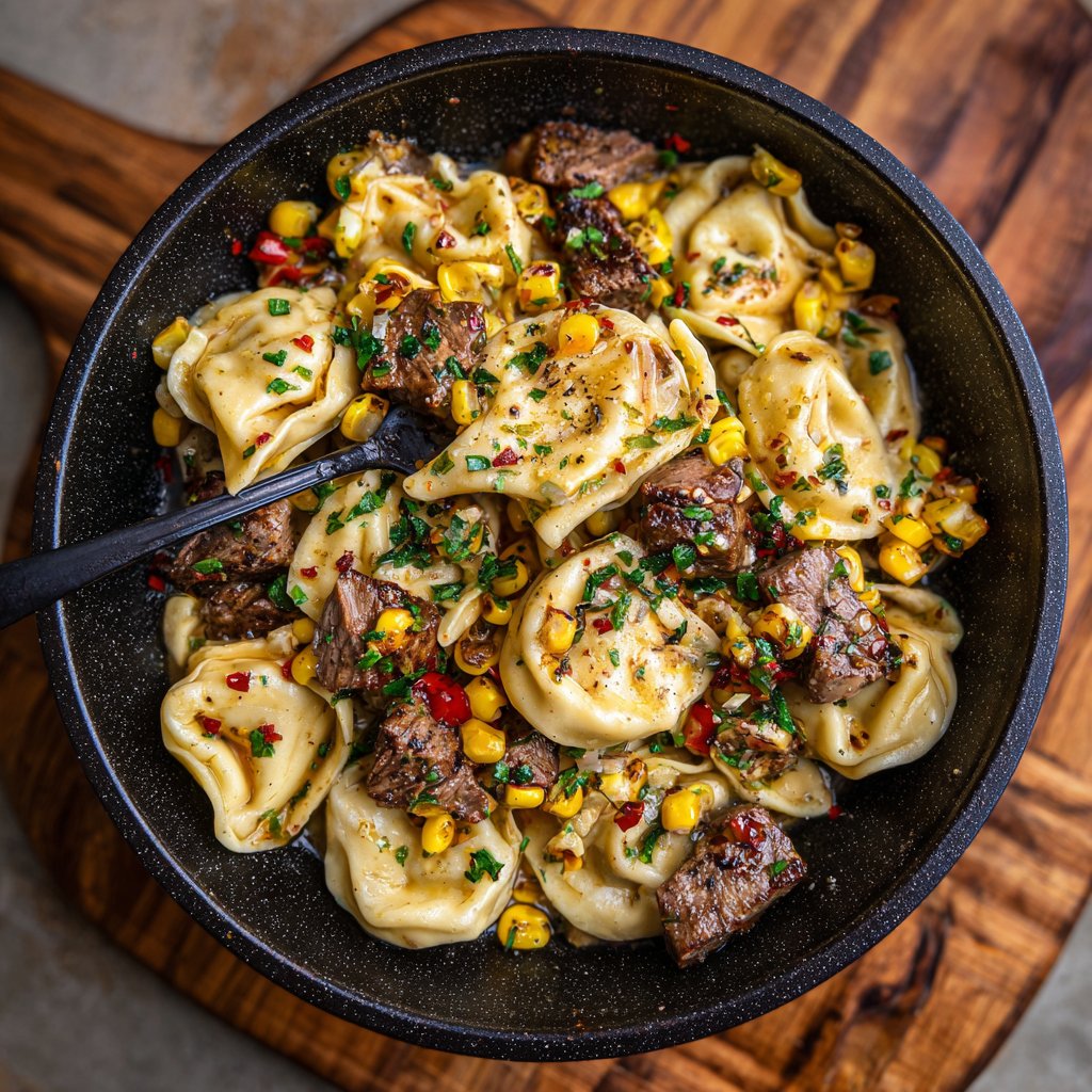Garlic Steak Tortellini with Charred Corn